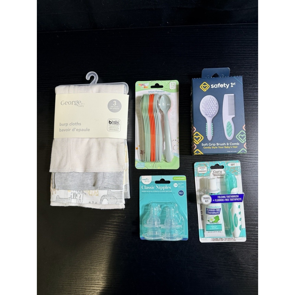 New Baby Essentials Bundle Burp Cloths Flatware Brush Comb Nipples Travel Kit